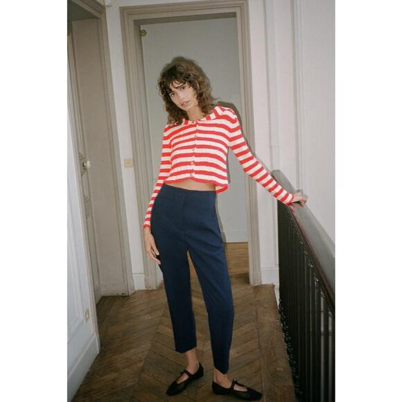 Zara red white striped cable knit long sleeve cardigan sweater XS wide collar - Picture 1 of 10